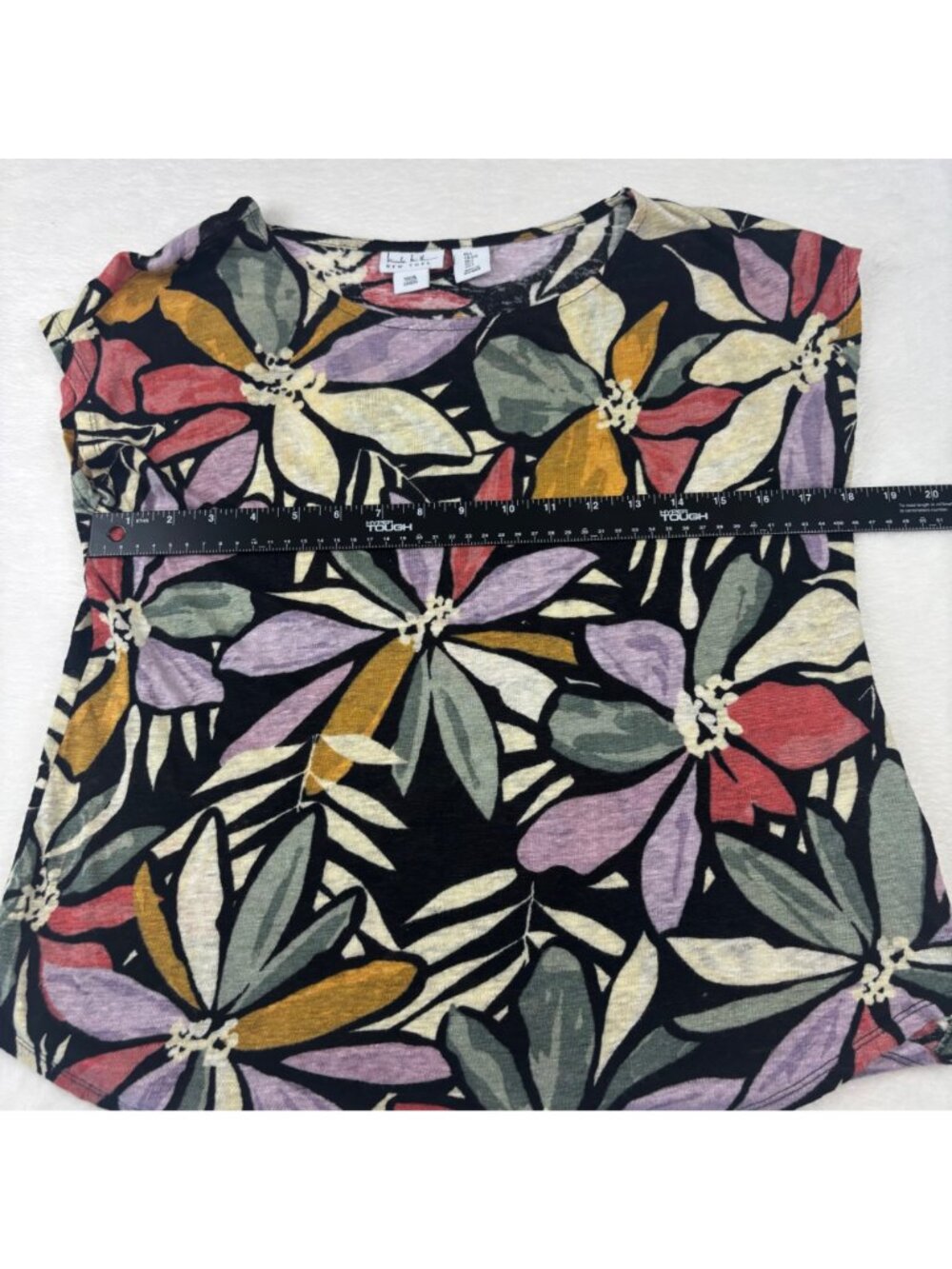 Nicole Miller Womens L Black Floral Print 100% Linen Top Cap Short Sleeveless - Picture 4 of 7